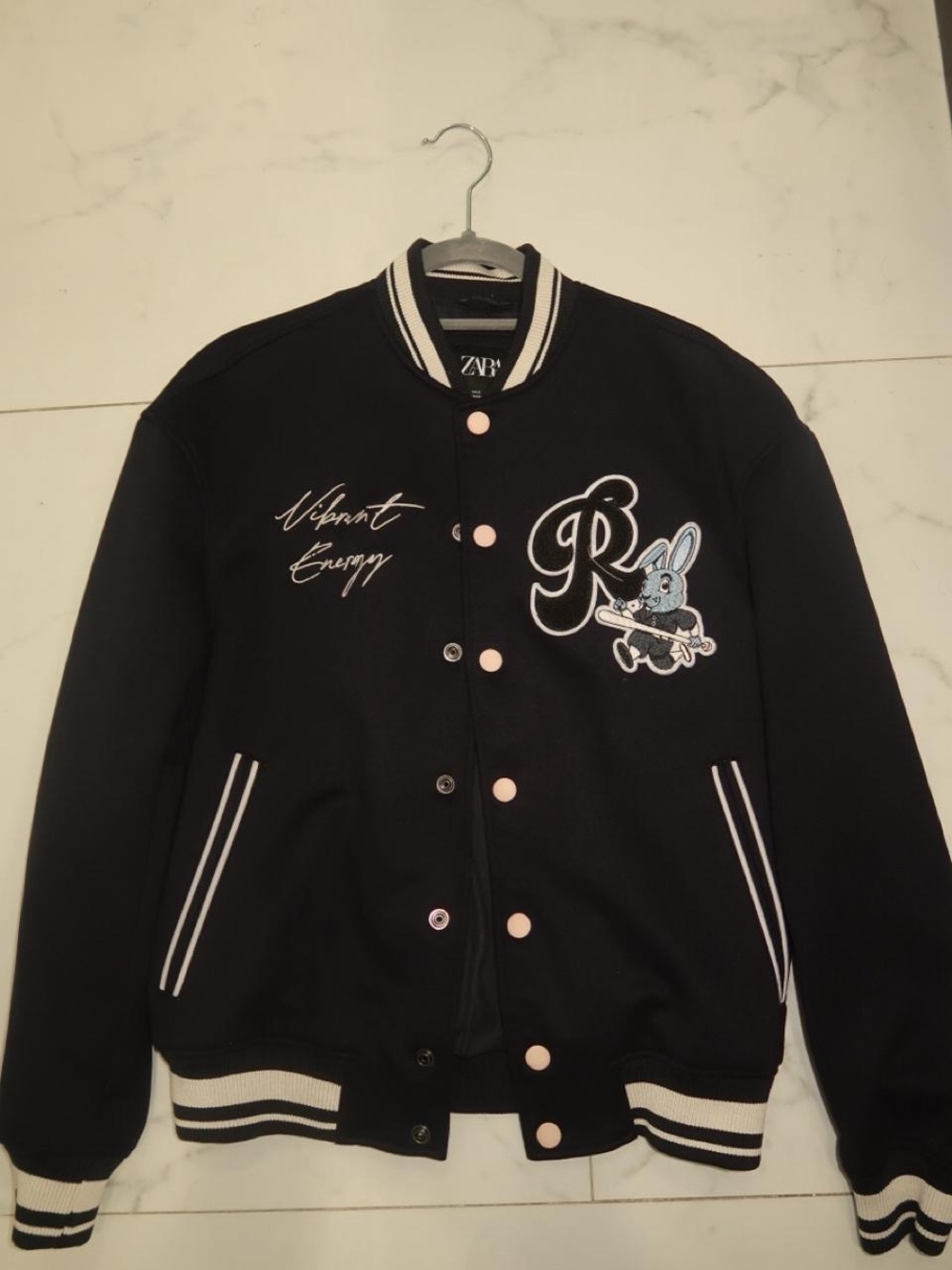 ZARA Black Varsity Jacket with Bunny Patch and Contrast Trim